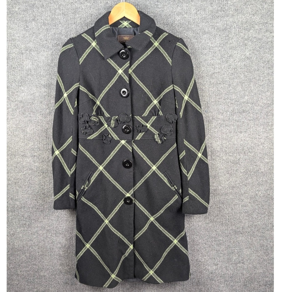 Tocca Trench Coat 8 Lambswool Silk Lined Plaid Black Lime Green Floral Applique - Picture 1 of 8